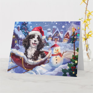 Tarjeta Perro Bernedoodle en Trineo Nieve Navidad