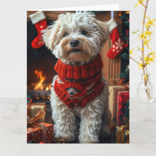 Tarjeta Perro Bichon Frise con regalos de Navidad Chimenea