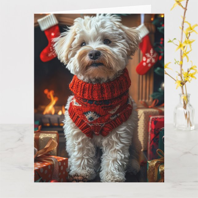 Tarjeta Perro Bichon Frise con regalos de Navidad Chimenea (flor amarilla)