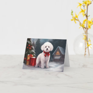 Tarjeta Perro Bichón Frisé en Navidad con nieve