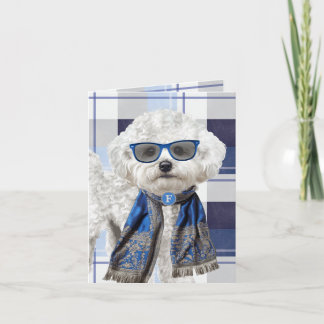 Tarjeta Perro Bichon Frise y Monograma a Cuadros Azules