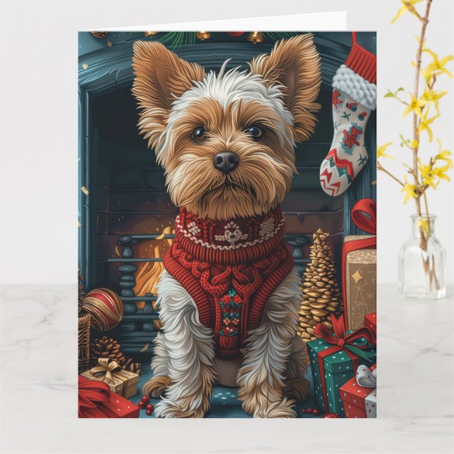 Tarjeta Perro Biewer Terrier con regalos de Navidad Chimen (flor amarilla)