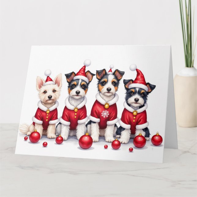 Tarjeta Perro Biewer Terrier vestido de Navidad con sombre (Anverso)