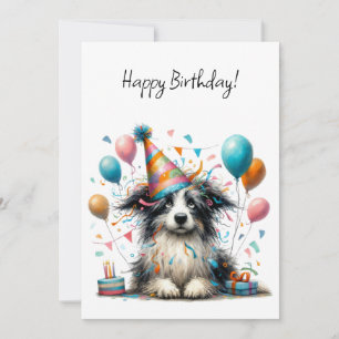 Tarjeta Perro blanco y negro con un sombrero de fiesta de 