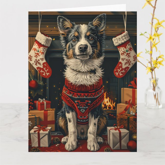 Tarjeta Perro Blue Heeler con regalos de Navidad Chimenea (flor amarilla)