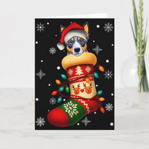 Tarjeta Perro Blue Heeler con sombrero de Santa en calceti