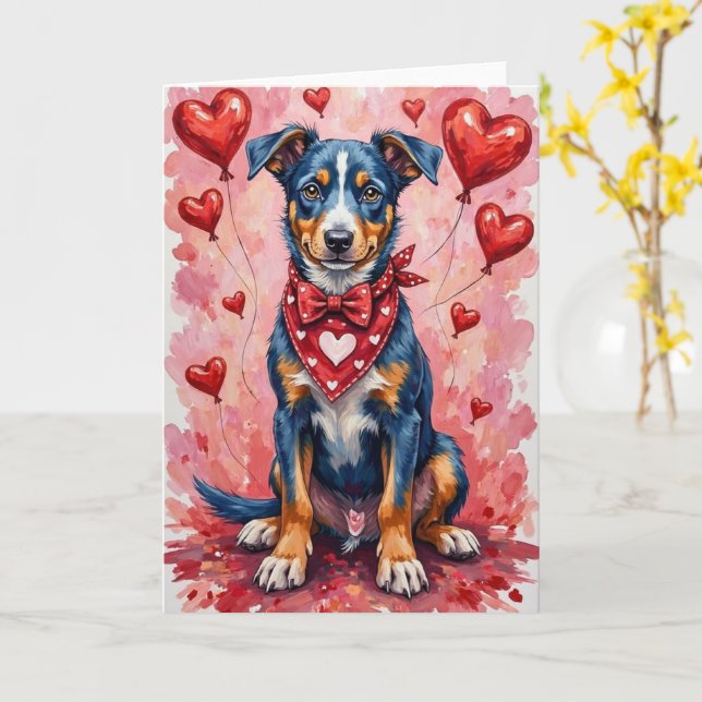 Tarjeta Perro Blue Heeler día de San Valentín con Corazone (flor amarilla)