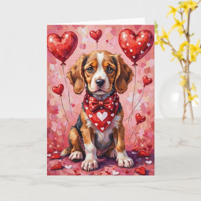 Tarjeta Perro Bolognese de San Valentín Sentado con Corazo (flor amarilla)