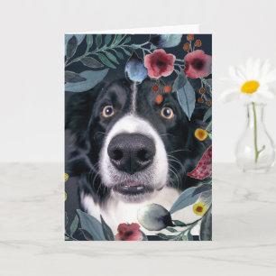 Tarjeta Perro Border Collie con Flor Rosa Acuarela