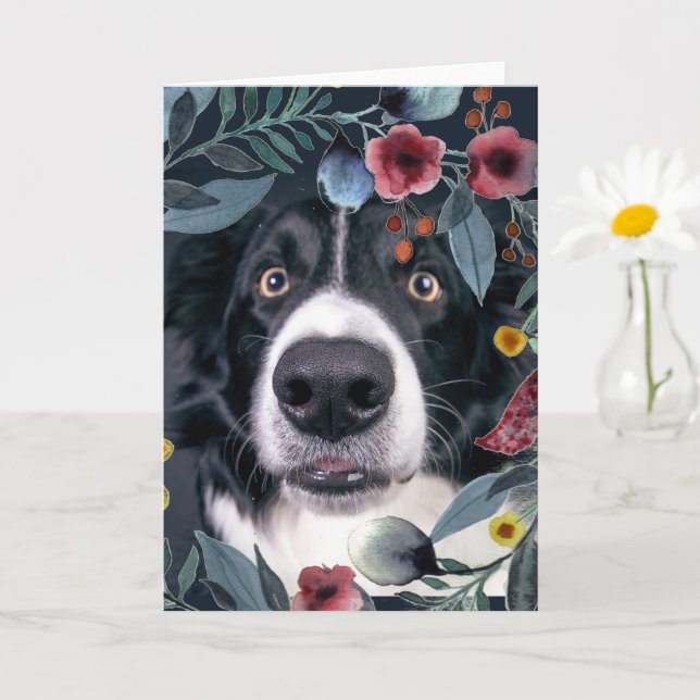 Tarjeta Perro Border Collie con Flor Rosa Acuarela (Planta pequeña)