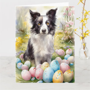Tarjeta Perro Border Collie con huevos de Pascua de vacaci