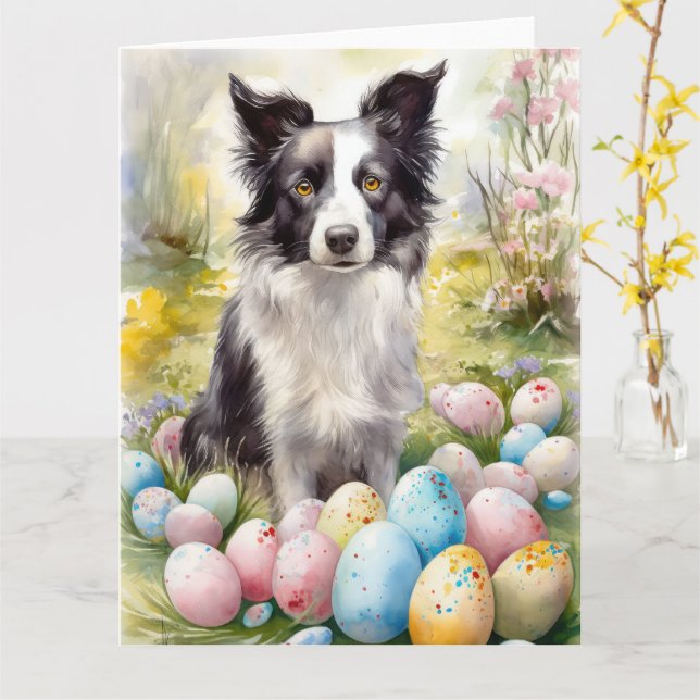 Tarjeta Perro Border Collie con huevos de Pascua de vacaci (flor amarilla)