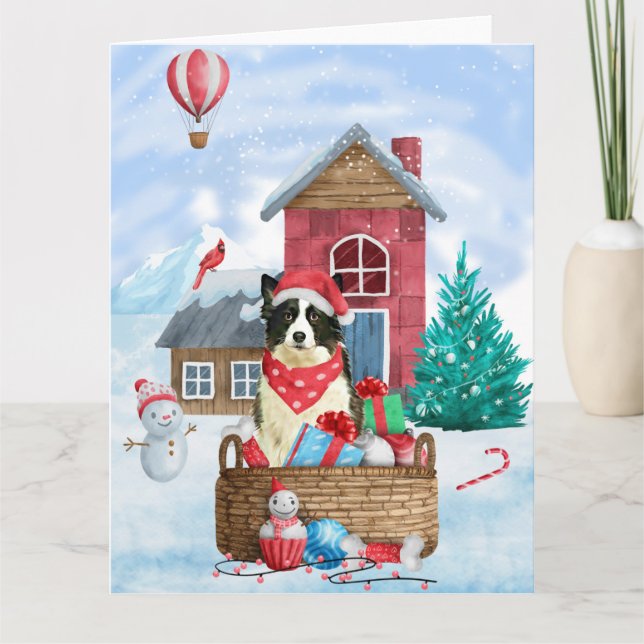 Tarjeta Perro Border Collie en casa de Navidad con nieve (Anverso)