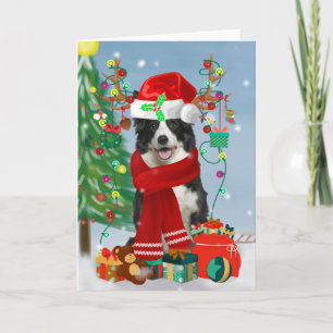 Tarjeta Perro Border Collie en la nieve con regalos de Nav