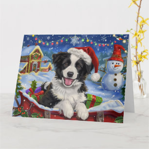 Tarjeta Perro Border Collie en trineo de nieve Navidad