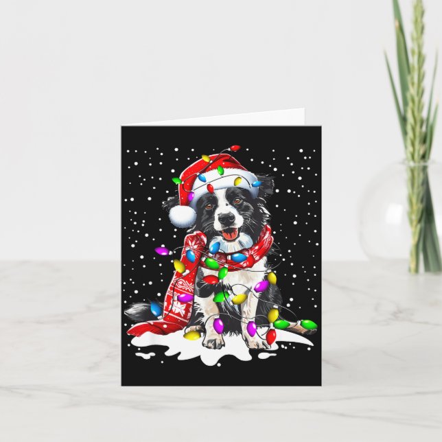 Tarjeta Perro Border Collie Iluminando Sombrero de Santa N (Anverso)