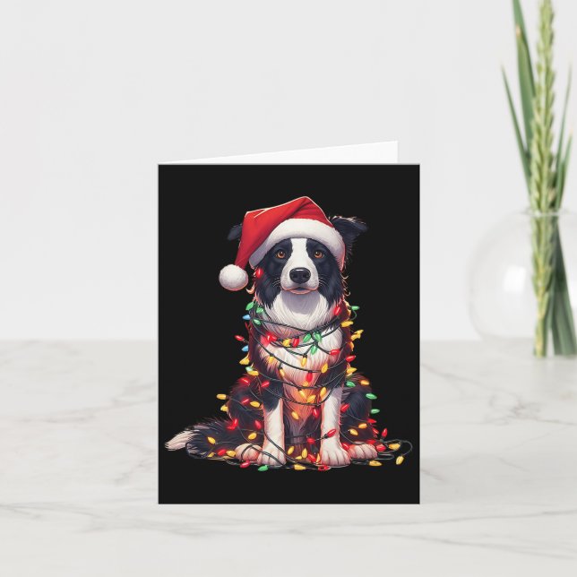 Tarjeta Perro Border Collie Luces de Navidad Sombrero de S (Anverso)