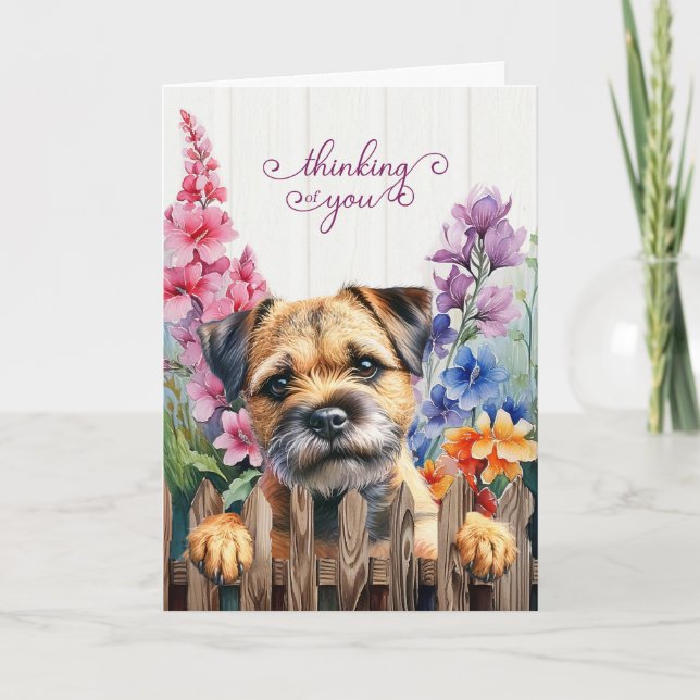 Tarjeta Perro Border Terrier con Gladiolus Pensando en Ti (Anverso)