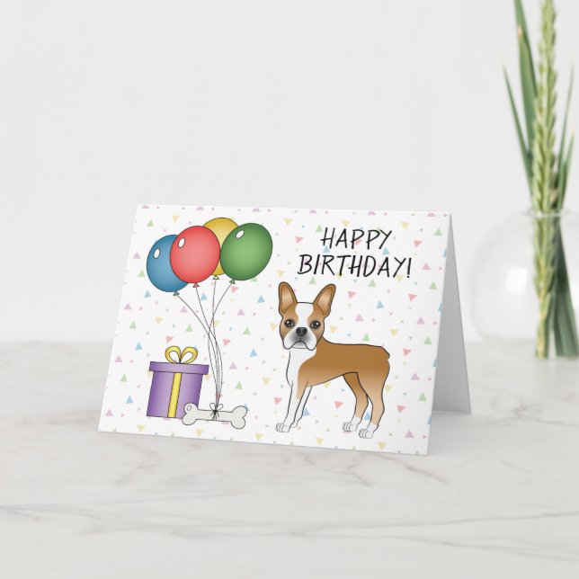 Tarjeta Perro Boston Terrier color cervato y blanco Feliz  (Anverso)