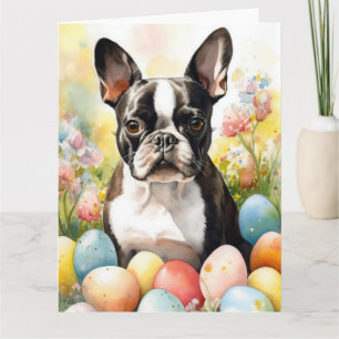 Tarjeta Perro Boston Terrier con huevos de Pascua festivos