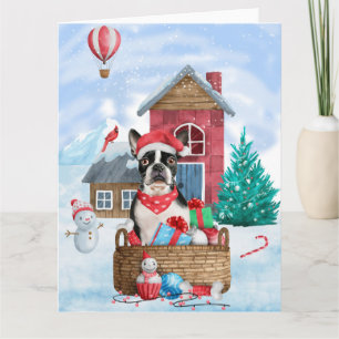Tarjeta Perro Boston Terrier en casa de perro de Navidad e