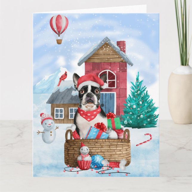 Tarjeta Perro Boston Terrier en casa de perro de Navidad e (Anverso)