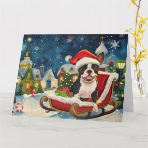 Tarjeta Perro Boston Terrier en trineo nieve Navidad