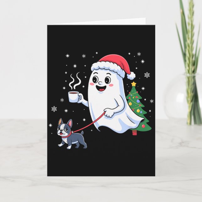Tarjeta Perro Boston Terrier Fantasma Alegre Navidad  (Anverso)