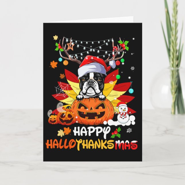 Tarjeta Perro Boston Terrier Halloween y Feliz Navidad  (Anverso)