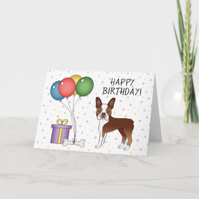 Tarjeta Perro Boston Terrier Rojo Y Blanco Feliz Cumpleaño (Anverso)