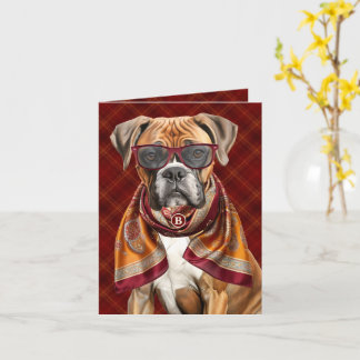 Tarjeta Perro Boxer Burdeos y Cuadros Dorados Monogramado