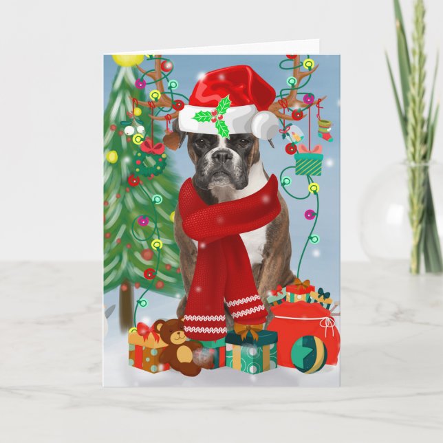 Tarjeta Perro Boxer en Nieve con regalos de Navidades (Anverso)