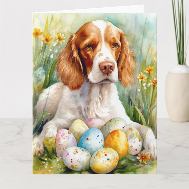 Tarjeta Perro Brittany Spaniel con huevos de Pascua Fiesta (Anverso)