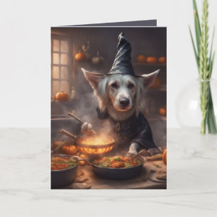 Tarjeta Perro bruja cocina una fiesta de Halloween saludo