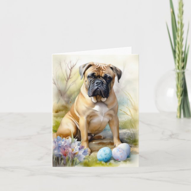 Tarjeta Perro Bull Mastiff con vacaciones en Pascua (Anverso)