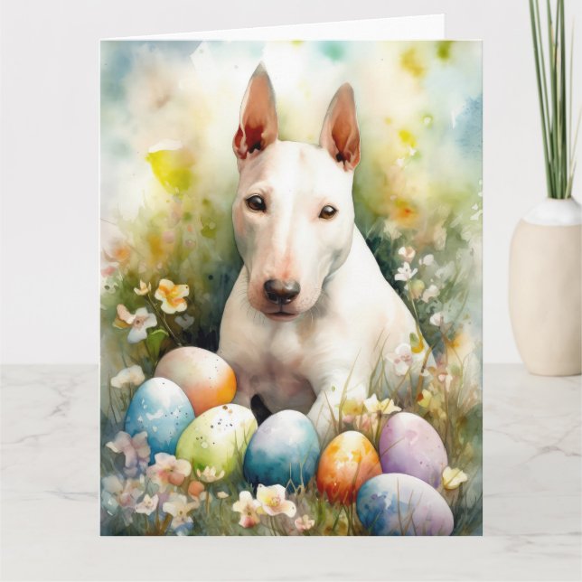 Tarjeta Perro Bull Terrier con huevos de Pascua festivos (Anverso)