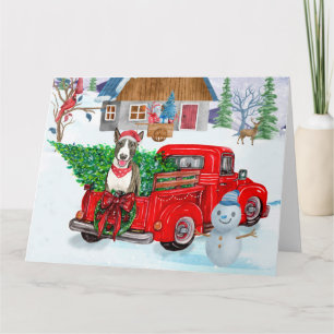 Tarjeta Perro Bull Terrier en camión de entrega de Navidad