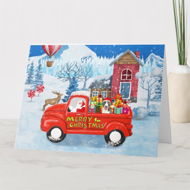 Tarjeta Perro Bull Terrier en camión de entrega de Navidad (Anverso)