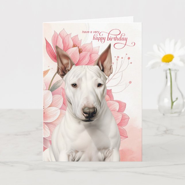 Tarjeta Perro Bull Terrier Flores Botánicas Rosadas Cumple (Planta pequeña)