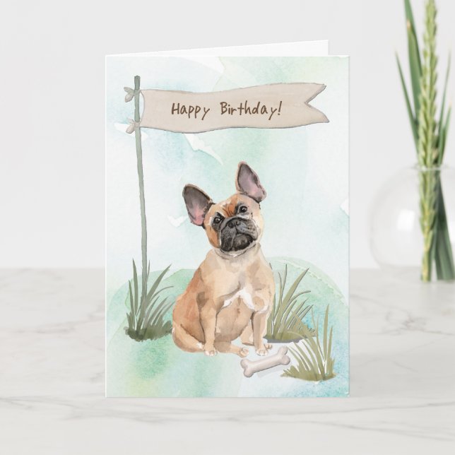 Tarjeta Perro Bulldog francés bajo Rótulo de cumpleaños (Anverso)