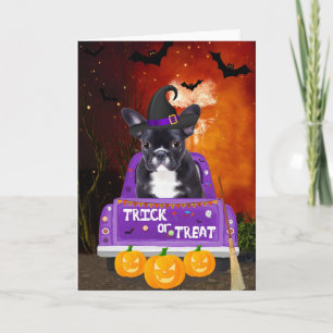 Tarjeta Perro Bulldog francés en camión de Halloween