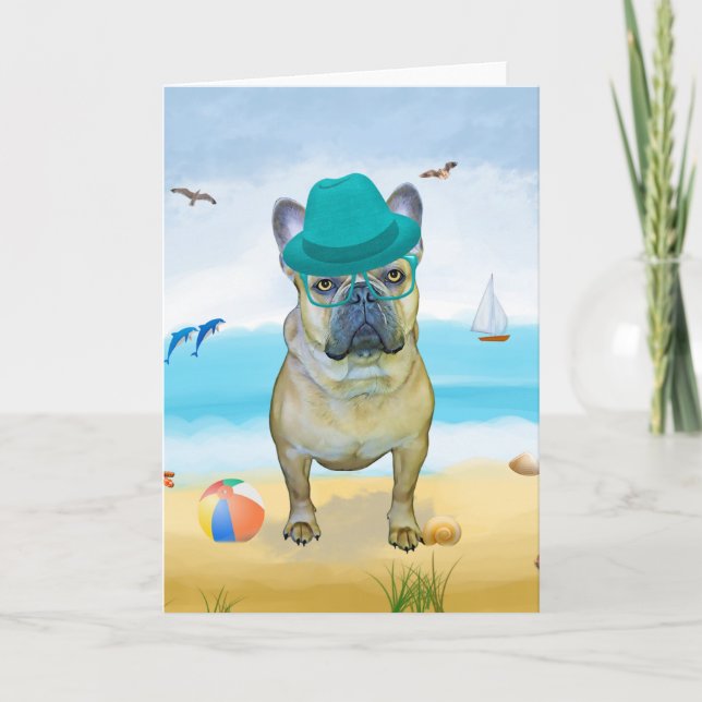 Tarjeta Perro Bulldog francés en la playa (Anverso)