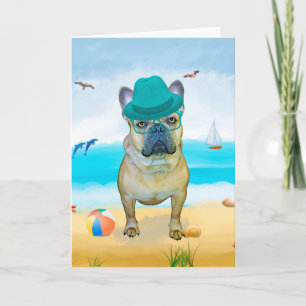 Tarjeta Perro Bulldog francés en la playa