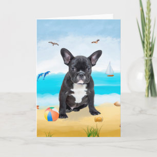 Tarjeta perro bulldog francés en la playa