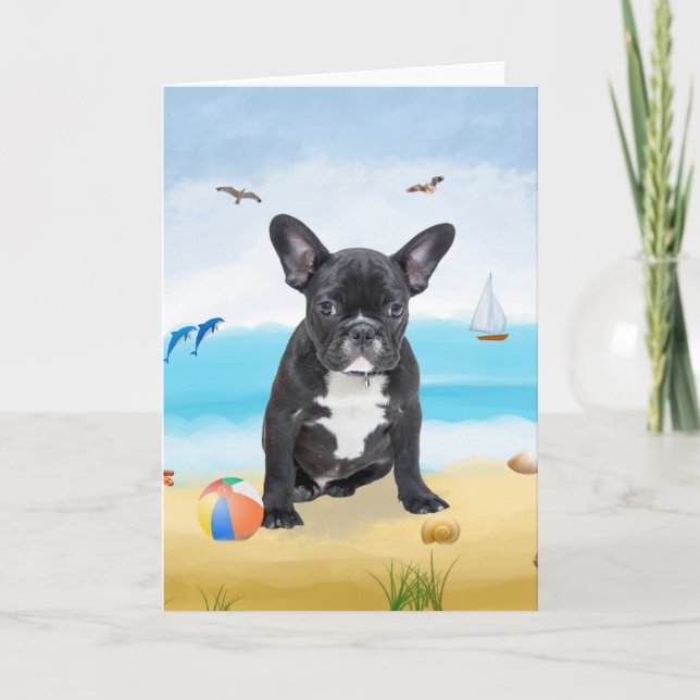 Tarjeta perro bulldog francés en la playa (Anverso)