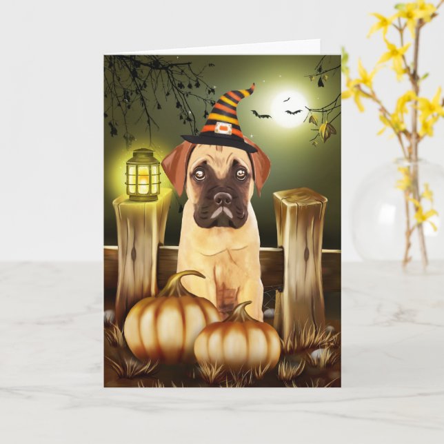 Tarjeta Perro Bullmastiff con Gorra de brujas Halloween (flor amarilla)