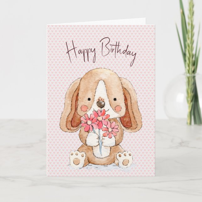 Tarjeta Perro cachorro de cumpleaños con flores (Anverso)