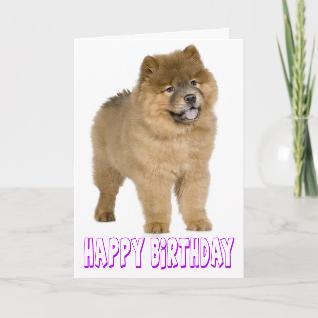 Tarjeta Perro cachorro morado feliz cumpleaños Chow Brown (Anverso)