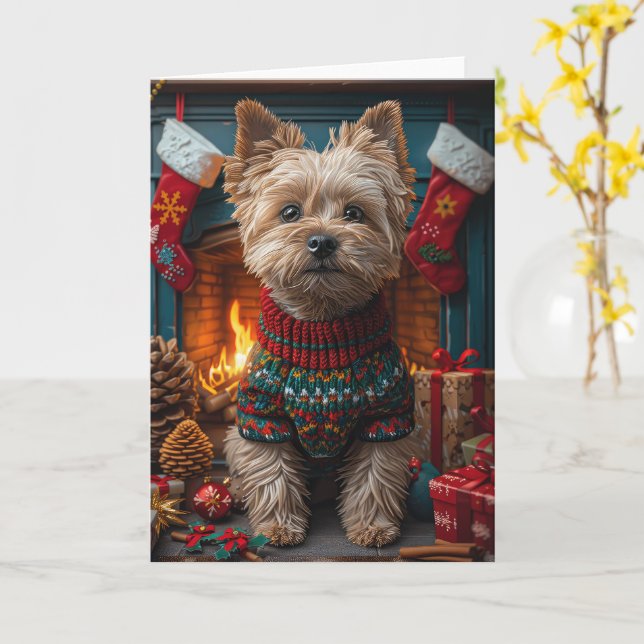 Tarjeta Perro Cairn Terrier Con Navidades Regalos Chimenea (flor amarilla)