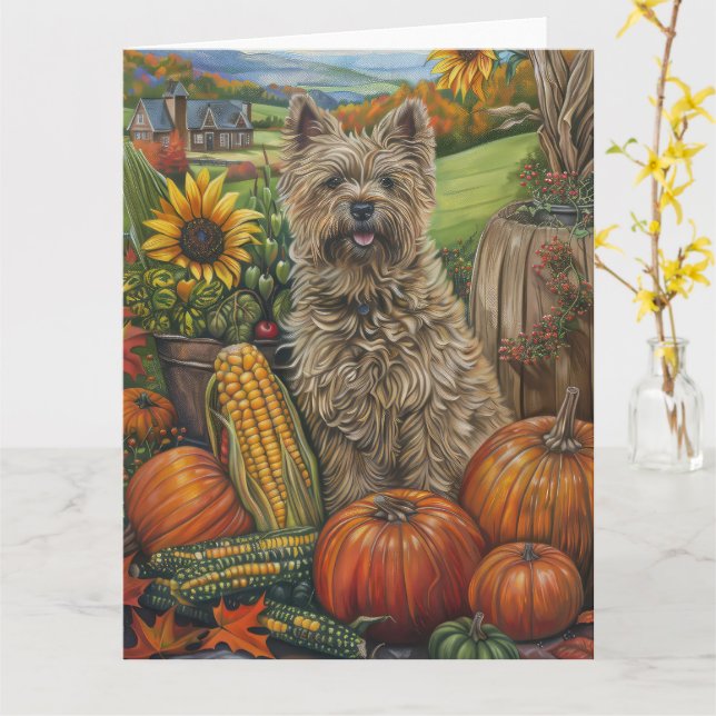 Tarjeta Perro Cairn Terrier Cosecha de Otoño Día de Acción (flor amarilla)